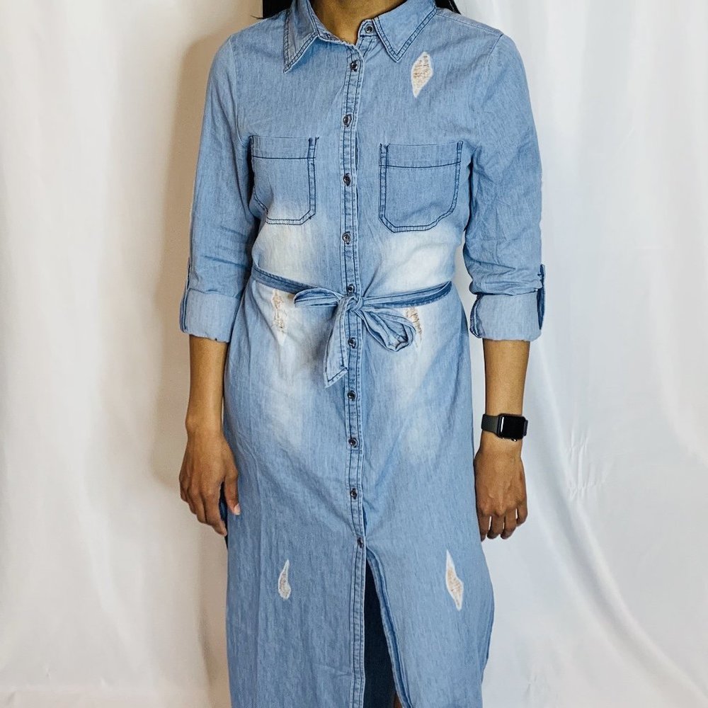 Split Decision Denim Maxi Dress
